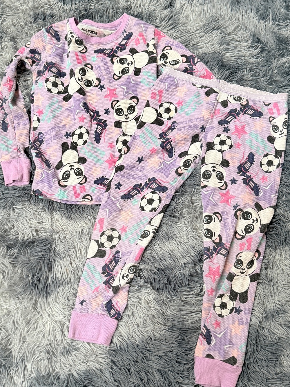 Girls 5 Joe Boxer thermal kids pajama set Lilac whimsical Panda & Soccer Print